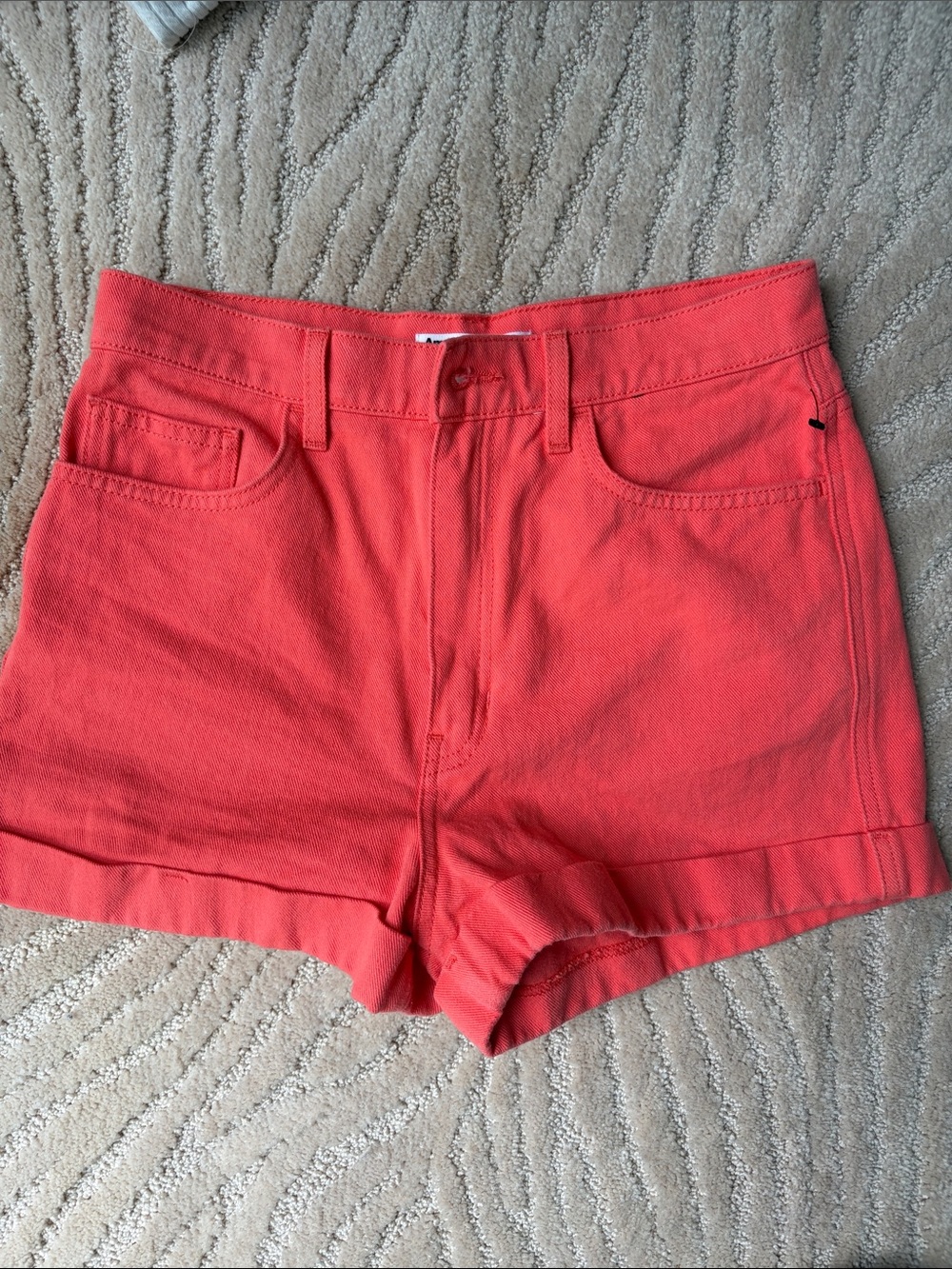 American Apparel Coral-Red High-Rise Denim Shorts